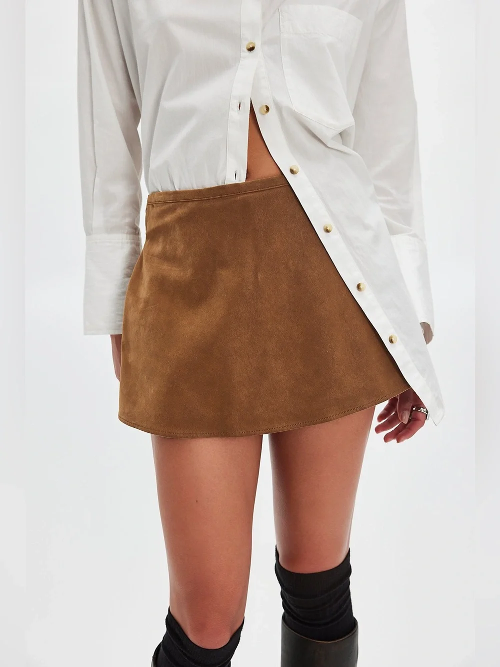 Free People Paradise Found Faux Suede Mini Skort in Camel NWT